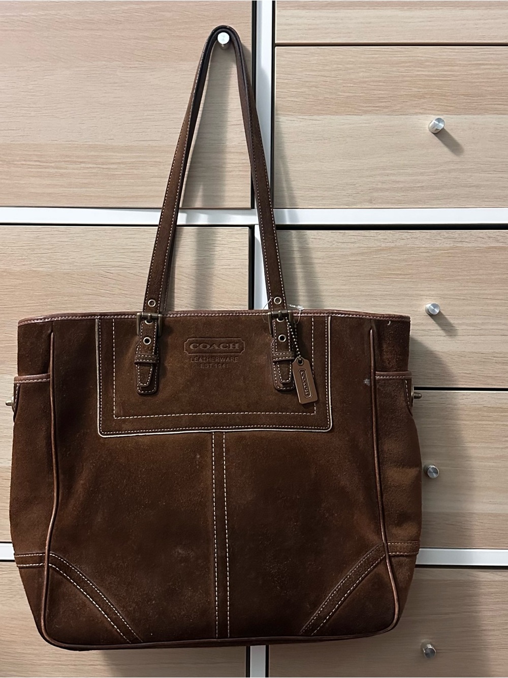 Vintage Coach Brown Suede Leather Tote with Contrast Stitching